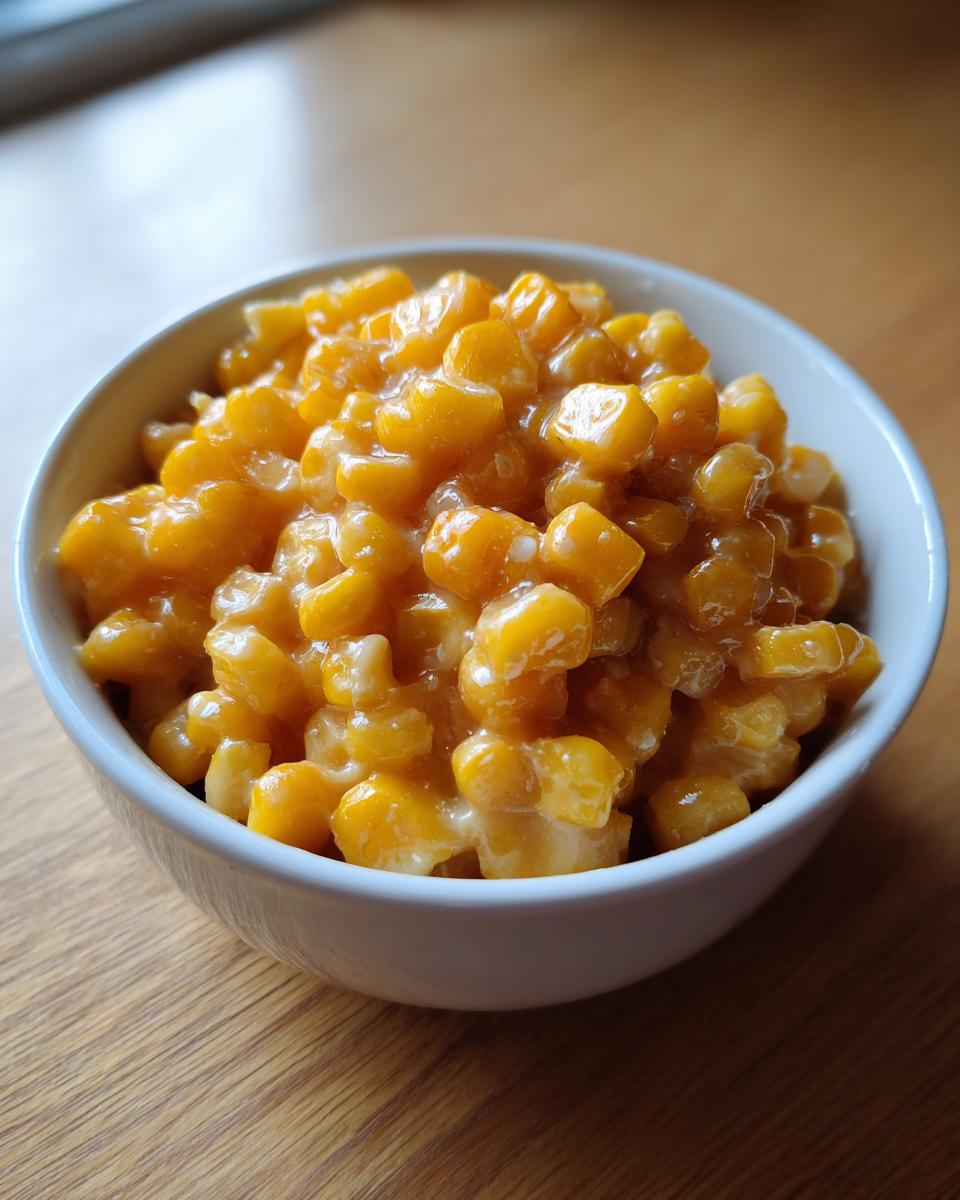 A close-up of a white bowl filled with glossy, golden honey butter corn.
