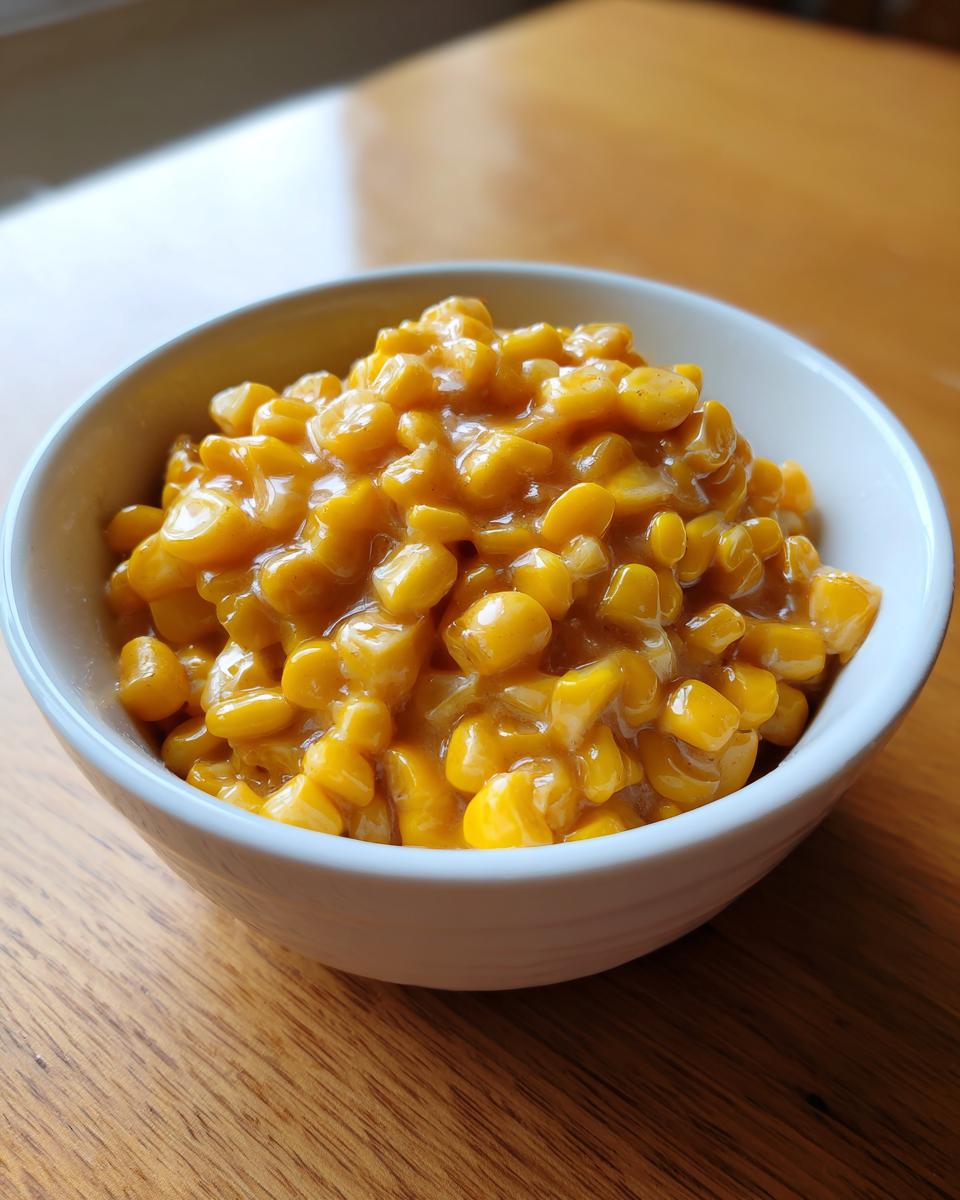Close-up of a white bowl filled with creamy, glazed honey butter corn kernels.