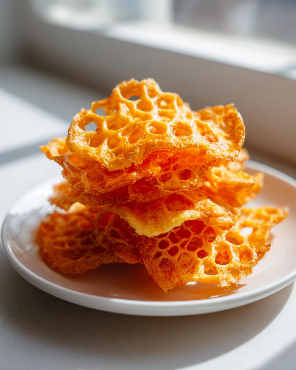 A stack of bright orange, crispy, honeycomb-textured cheese crackers resting on a small white plate.