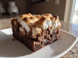 A close-up of a rich, fudgy hot chocolate brownie topped with toasted, golden-brown marshmallows.