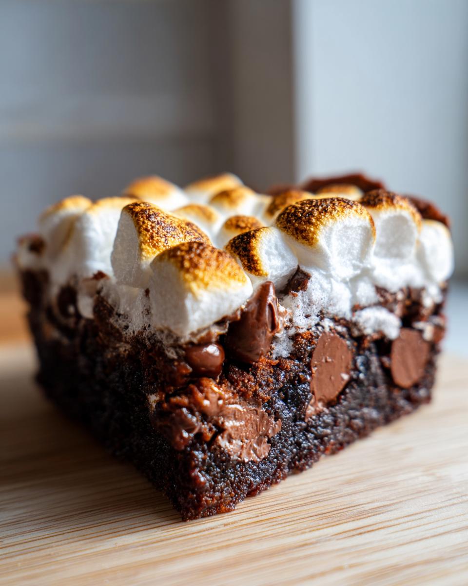 A rich, fudgy piece of hot chocolate brownie topped with toasted marshmallows and chocolate chips.