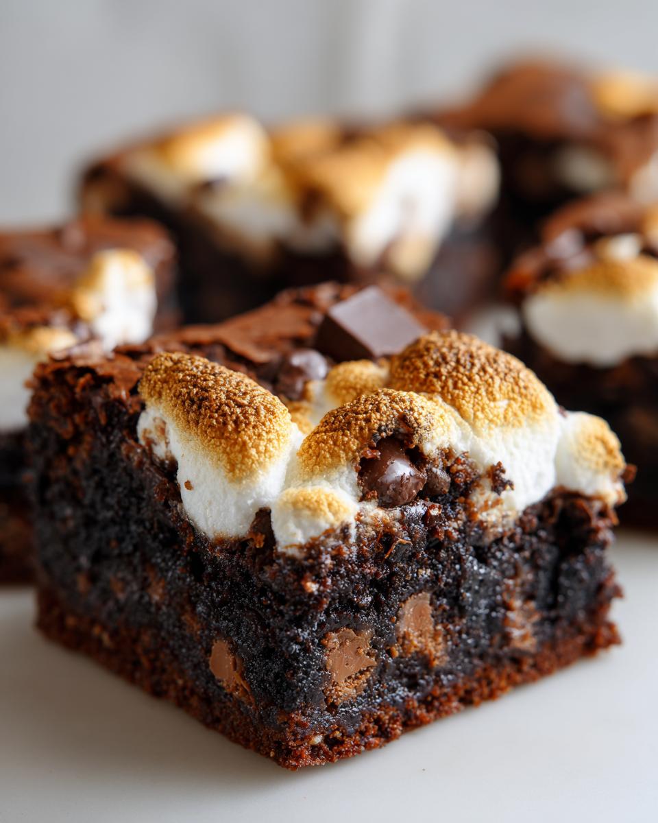 A rich, fudgy square of hot chocolate brownies topped with toasted marshmallows and chocolate chips.