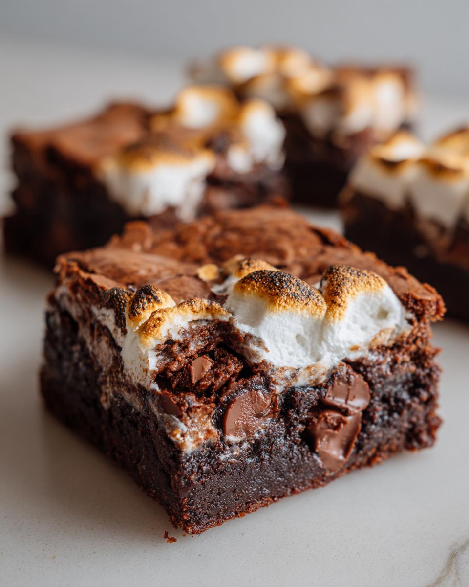 A fudgy square of hot chocolate brownies topped with toasted marshmallows and visible chocolate chips.