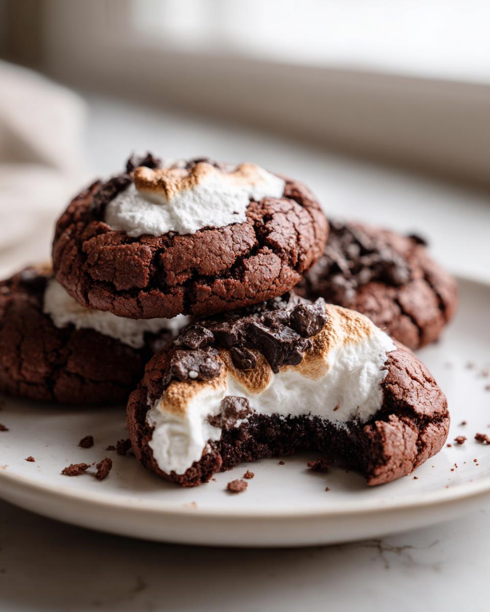 Close-up of rich, fudgy hot chocolate cookies topped with toasted marshmallow and chocolate chunks.