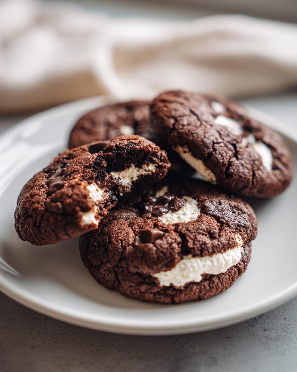 Close-up of rich, dark chocolate hot chocolate cookies filled with melted marshmallow.