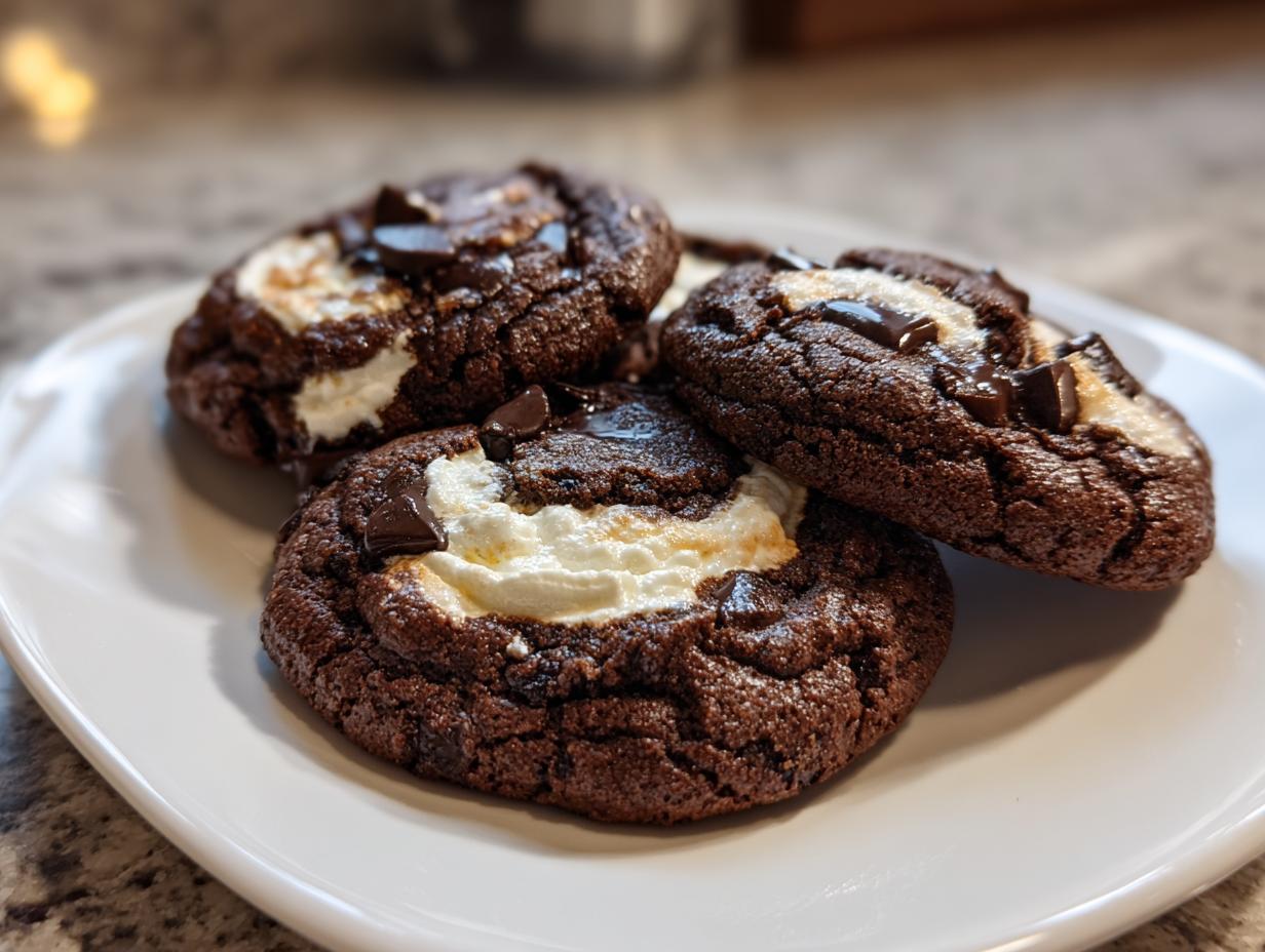 Three decadent, dark chocolate hot chocolate cookies topped with melted marshmallow and chocolate chunks on a white plate.