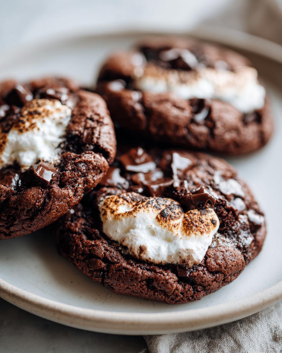 Three rich, dark chocolate hot chocolate cookies topped with melted, toasted marshmallows and chocolate chunks on a light plate.