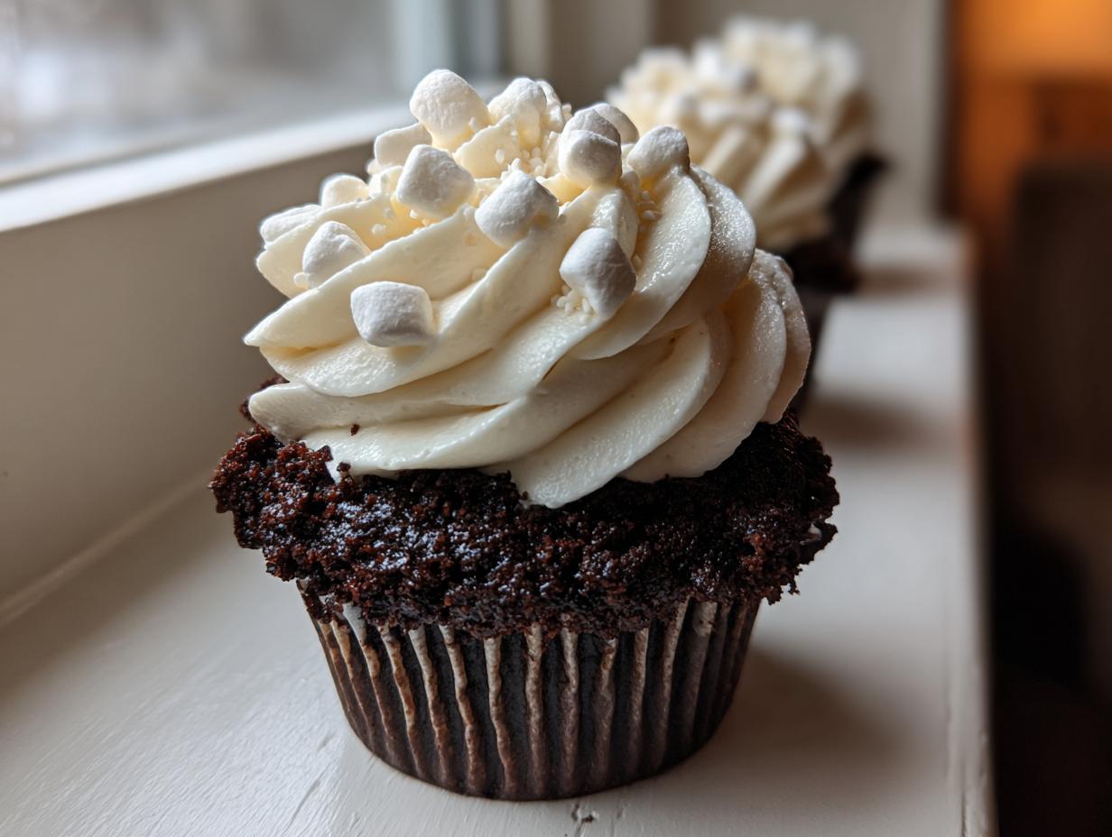 Close-up of a rich, dark chocolate hot chocolate cupcake topped with swirled white frosting and mini marshmallows.