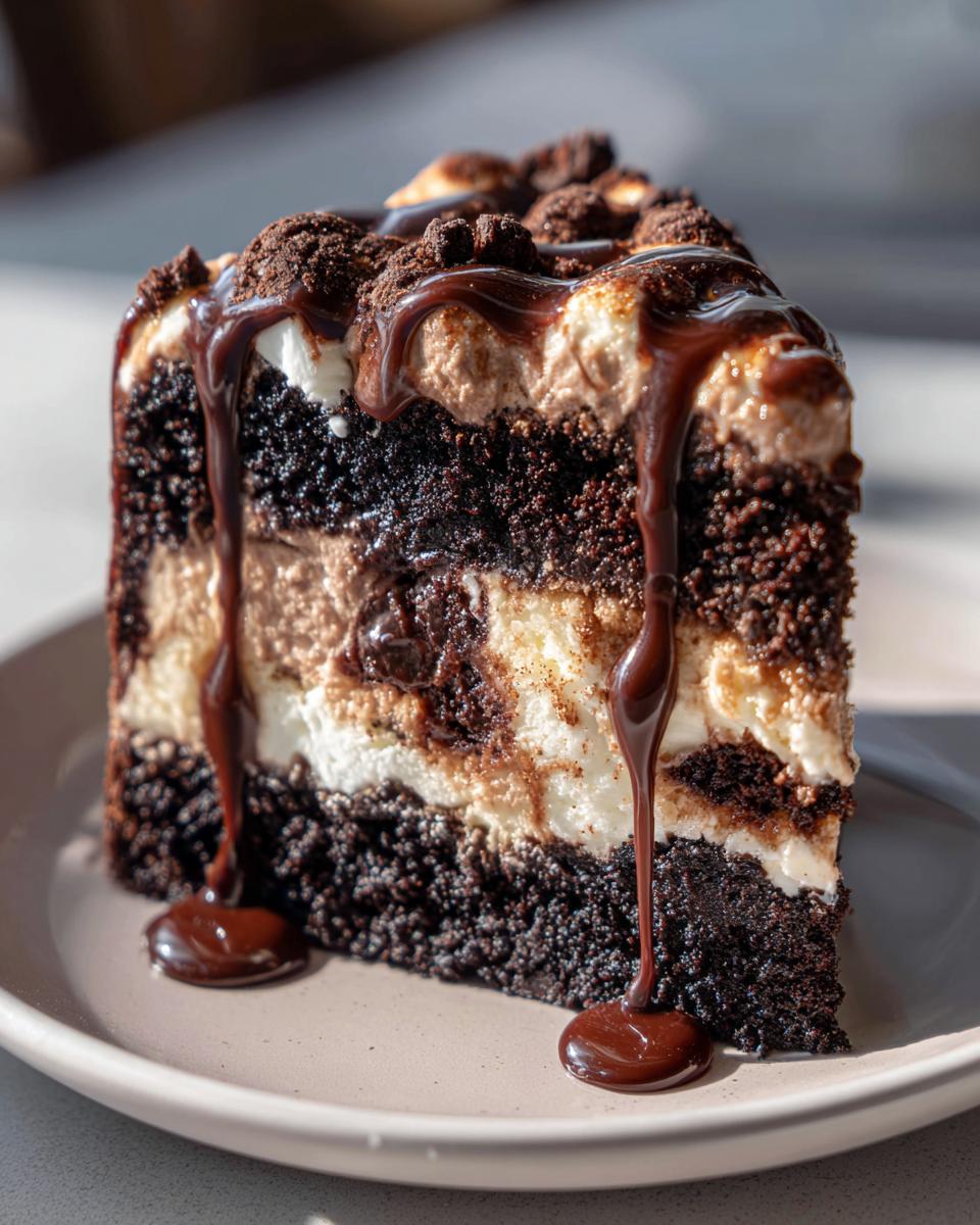 A tall slice of multi-layered hot chocolate poke cake covered in chocolate sauce drizzle and cookie crumbs.