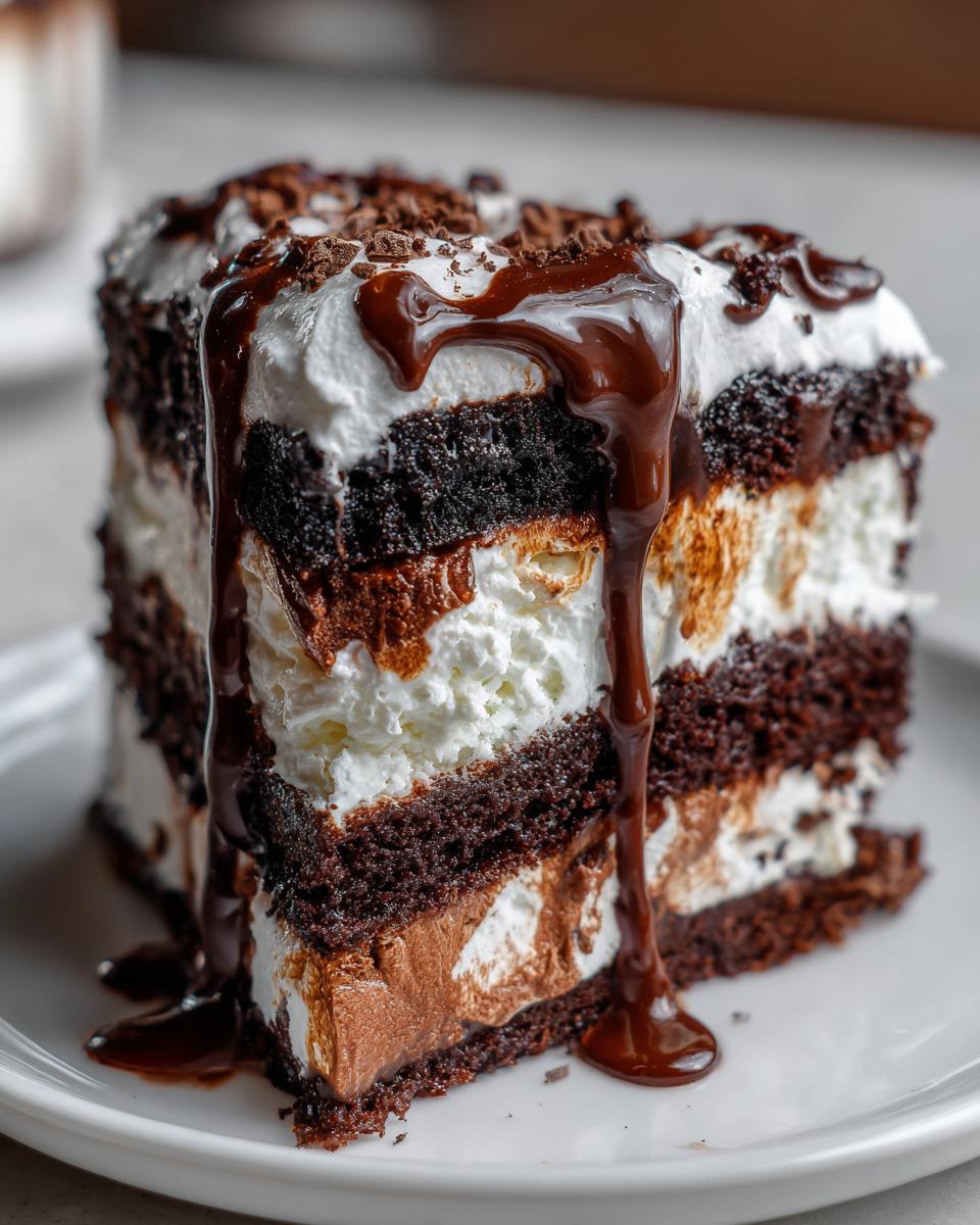 A rich, layered slice of hot chocolate poke cake topped with whipped cream and drizzled with chocolate syrup.