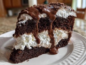 A decadent slice of hot chocolate poke cake featuring dark chocolate layers, white filling, and thick chocolate fudge dripping down the side.