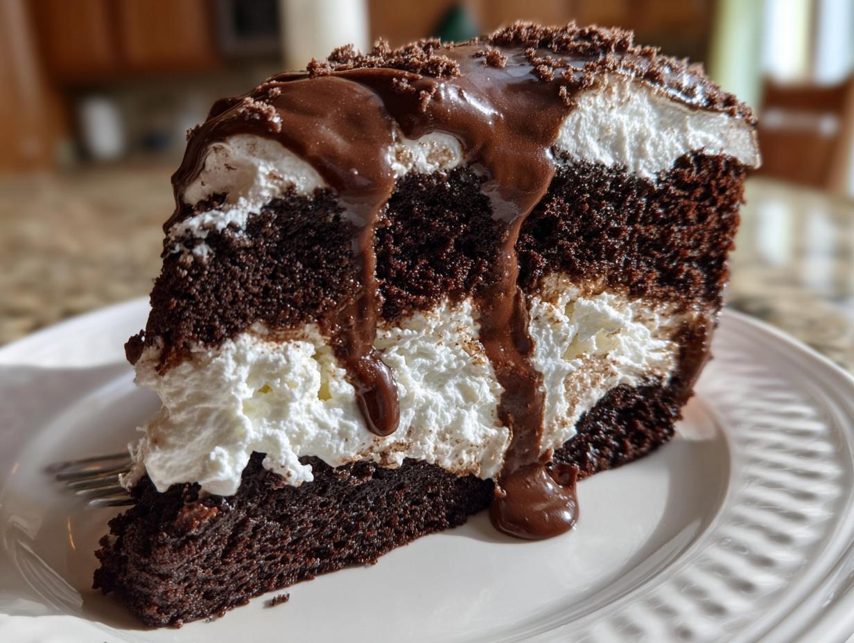 A decadent slice of hot chocolate poke cake featuring dark chocolate layers, white filling, and thick chocolate fudge dripping down the side.