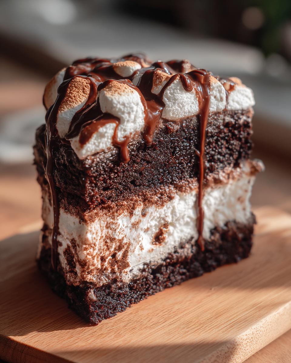 Close-up of a rich slice of hot chocolate poke cake showing dark cake layers, white filling, and melted chocolate drizzle over marshmallows.