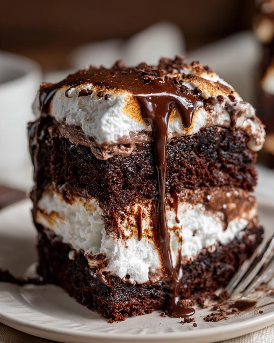 Close-up of a decadent slice of hot chocolate poke cake featuring dark chocolate layers and thick marshmallow filling, topped with chocolate drizzle.