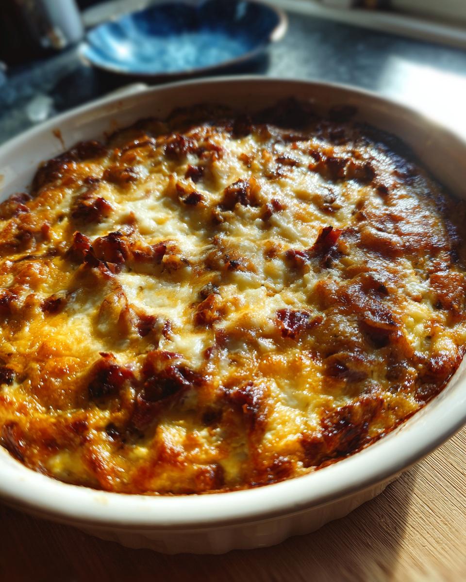 Close-up of a freshly baked, bubbly reuben dip with a golden-brown, cheesy top in a round white baking dish.