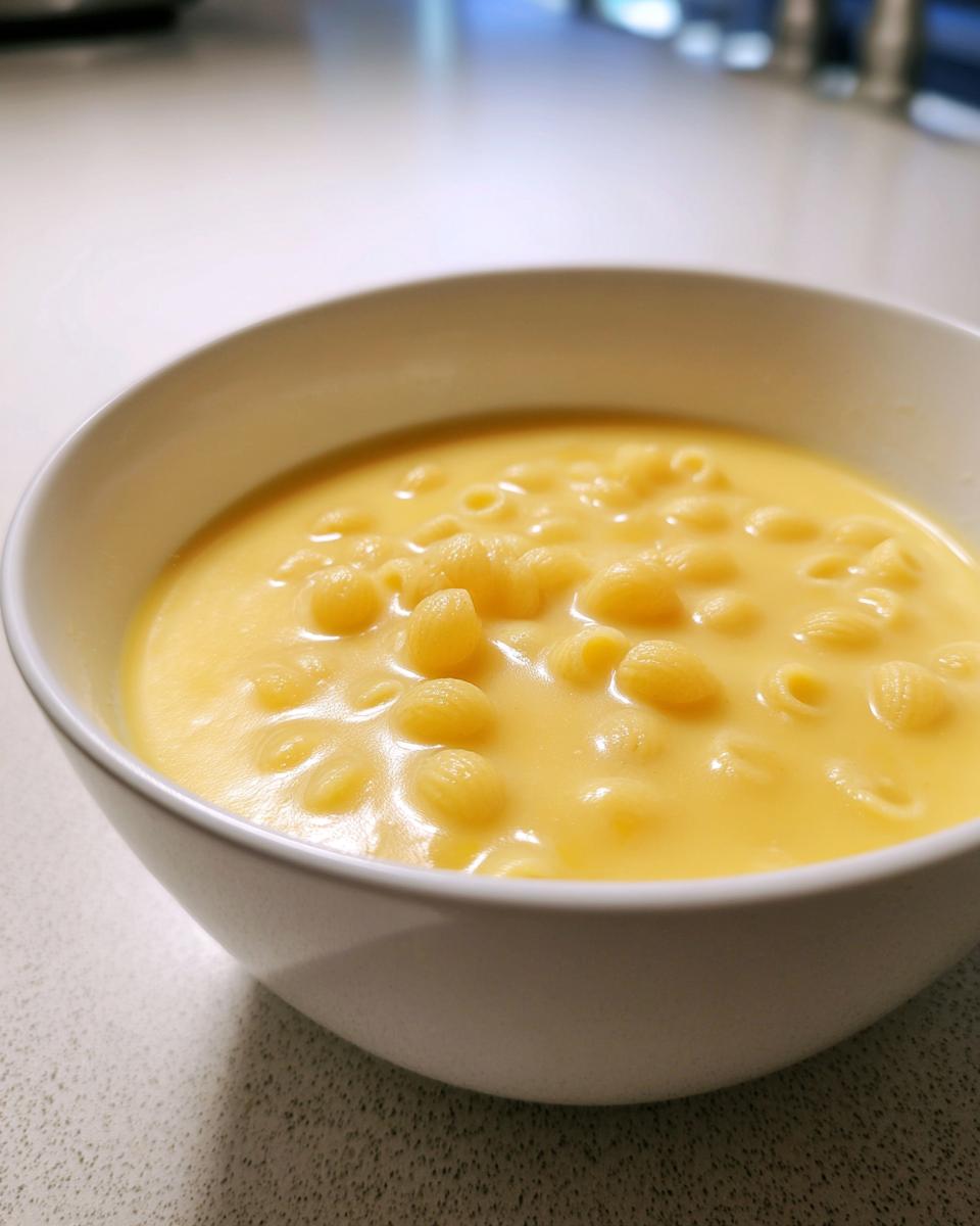 Close-up of a white bowl filled with creamy, yellow Italian penicillin soup containing small elbow macaroni pasta.