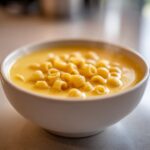 Close-up of a white bowl filled with steaming Italian penicillin soup featuring small, ridged pasta shapes in a creamy yellow broth.
