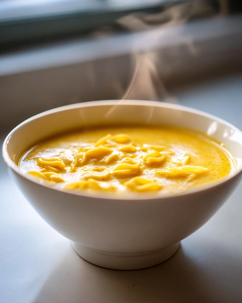 Close-up of a steaming white bowl filled with rich, yellow Italian penicillin soup containing small pasta shapes.