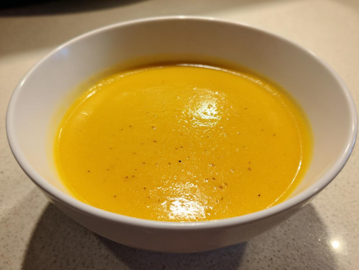 Close-up of a bowl filled with smooth, vibrant yellow Italian penicillin soup, lightly speckled with pepper.