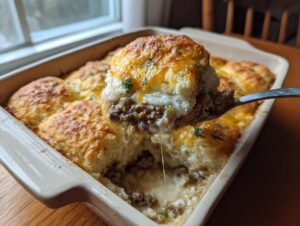 A spoonful of cheesy, meaty John Wayne Casserole being lifted from a baking dish.