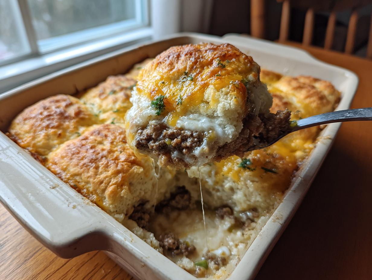 A spoonful of cheesy, meaty John Wayne Casserole being lifted from a baking dish.