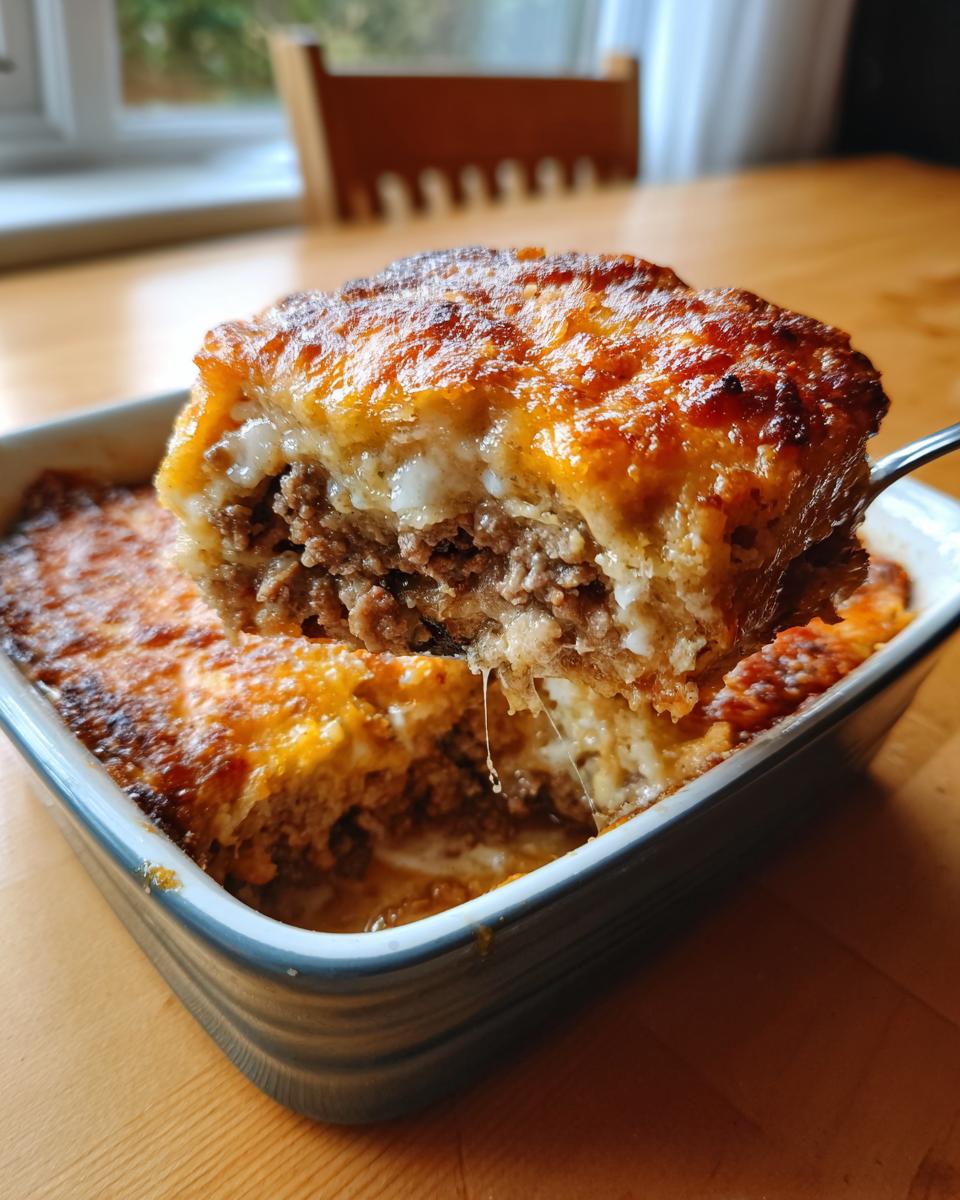 A serving spoon lifts a cheesy, browned slice from a baking dish of john wayne casserole showing layers of meat and topping.