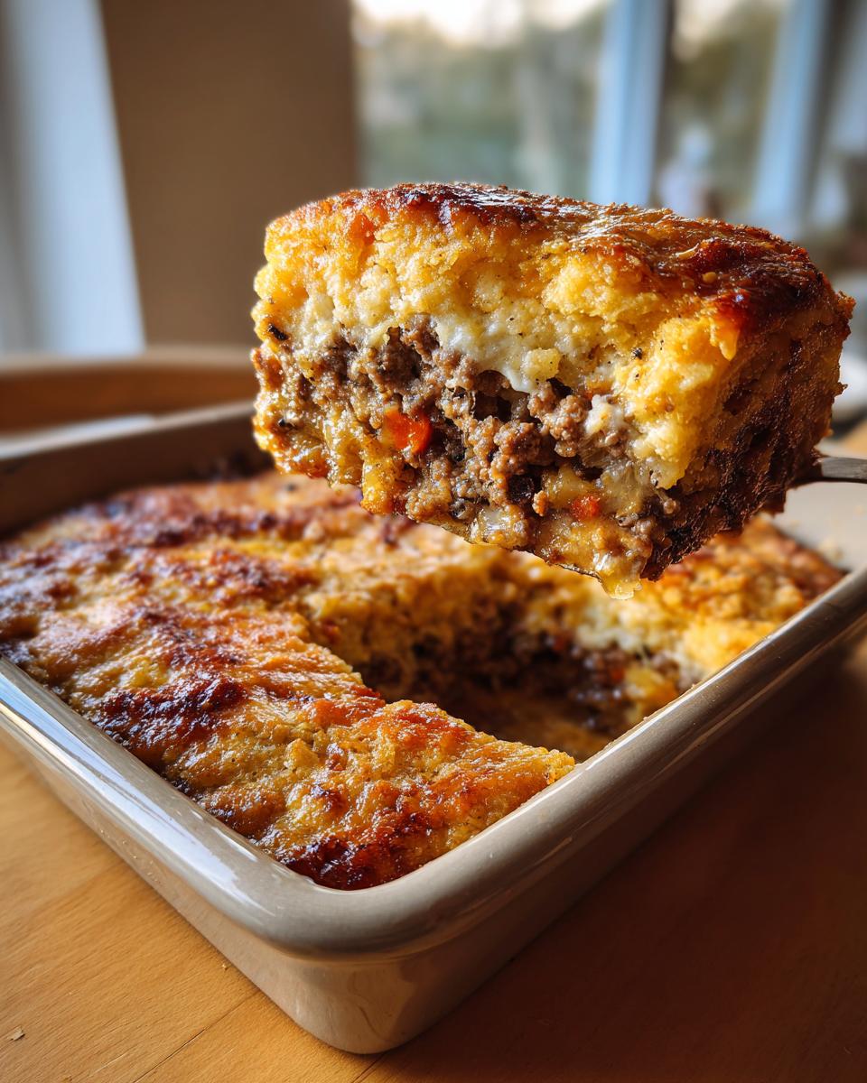 A lifted slice of baked john wayne casserole showing layers of ground meat filling and cheesy topping.