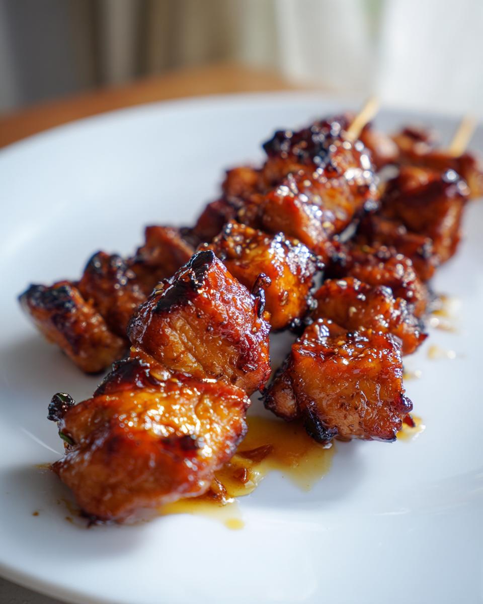 Close-up of several glossy, caramelized chicken skewers resting on a white plate.