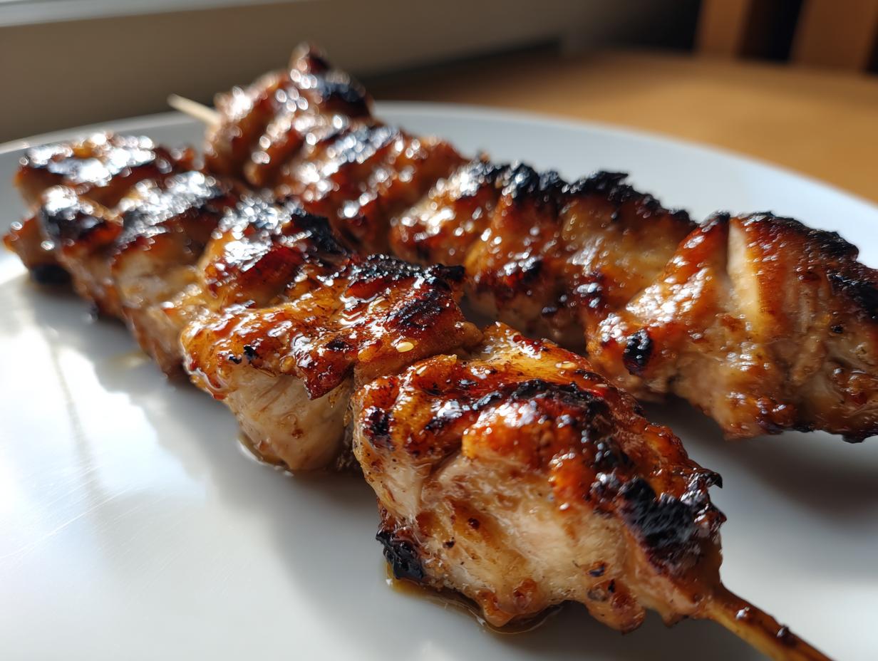 Close-up of two perfectly grilled, juicy chicken skewers with a caramelized glaze resting on a white plate.
