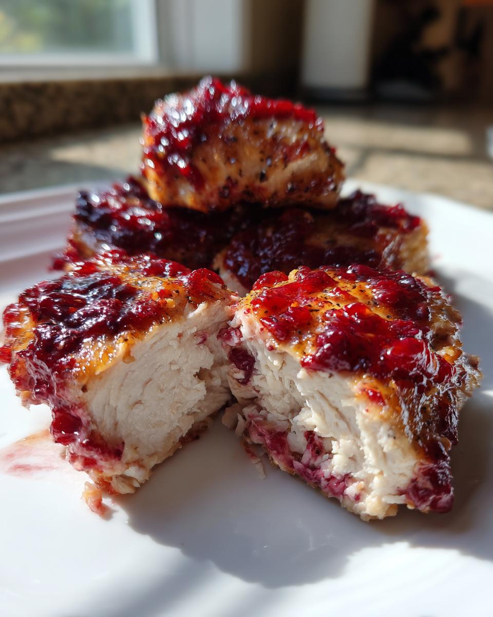Close-up of perfectly cooked cranberry chicken, cut in half to show moist white meat and rich cranberry glaze.