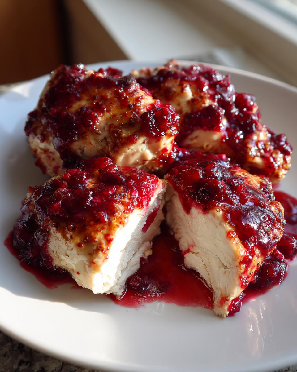 Close-up of juicy cranberry chicken breast, cut in half to show the white interior and rich cranberry sauce topping.