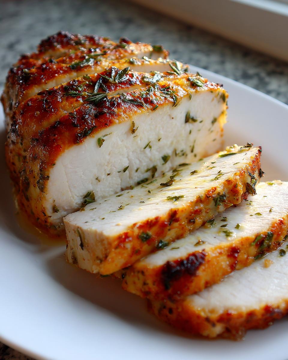 Close-up of sliced, juicy crockpot turkey breast with a golden, herb-crusted exterior.