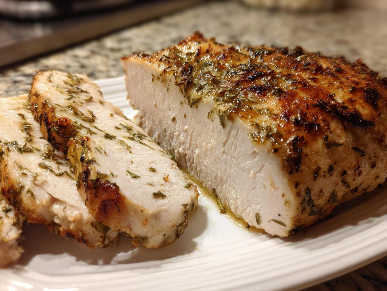 Close-up of a juicy crockpot turkey breast roast, sliced to show the moist interior and herb crust.