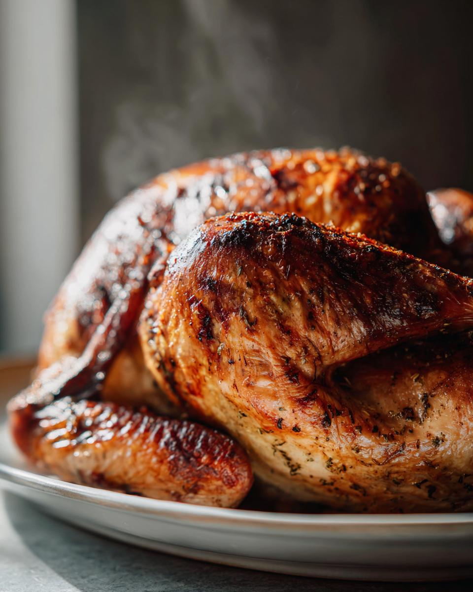 Close-up of a perfectly roasted, juicy turkey with crispy, golden-brown skin seasoned with herbs.