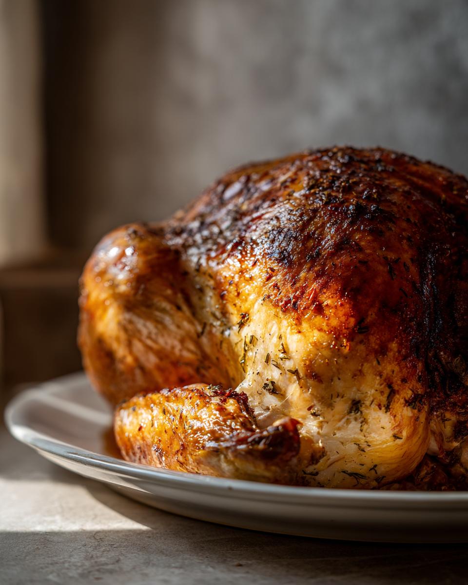 A beautifully roasted turkey with crispy, golden-brown skin seasoned with herbs, resting on a white platter.