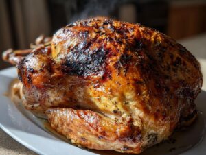 A whole roasted turkey with crispy, golden-brown skin seasoned with herbs, steaming slightly on a white platter.