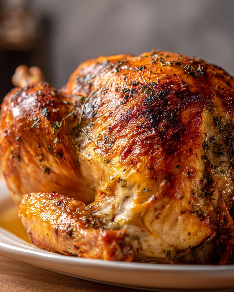 Close-up of a perfectly roasted, juicy garlic herb butter turkey with golden-brown, crispy skin.