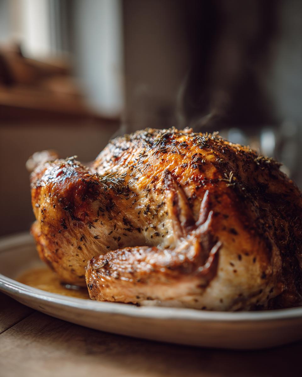 A whole, perfectly roasted turkey glistening with herbs and steam rising from the skin.