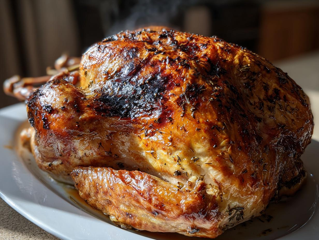 A whole roasted turkey with crispy, golden-brown skin seasoned with herbs, steaming slightly on a white platter.