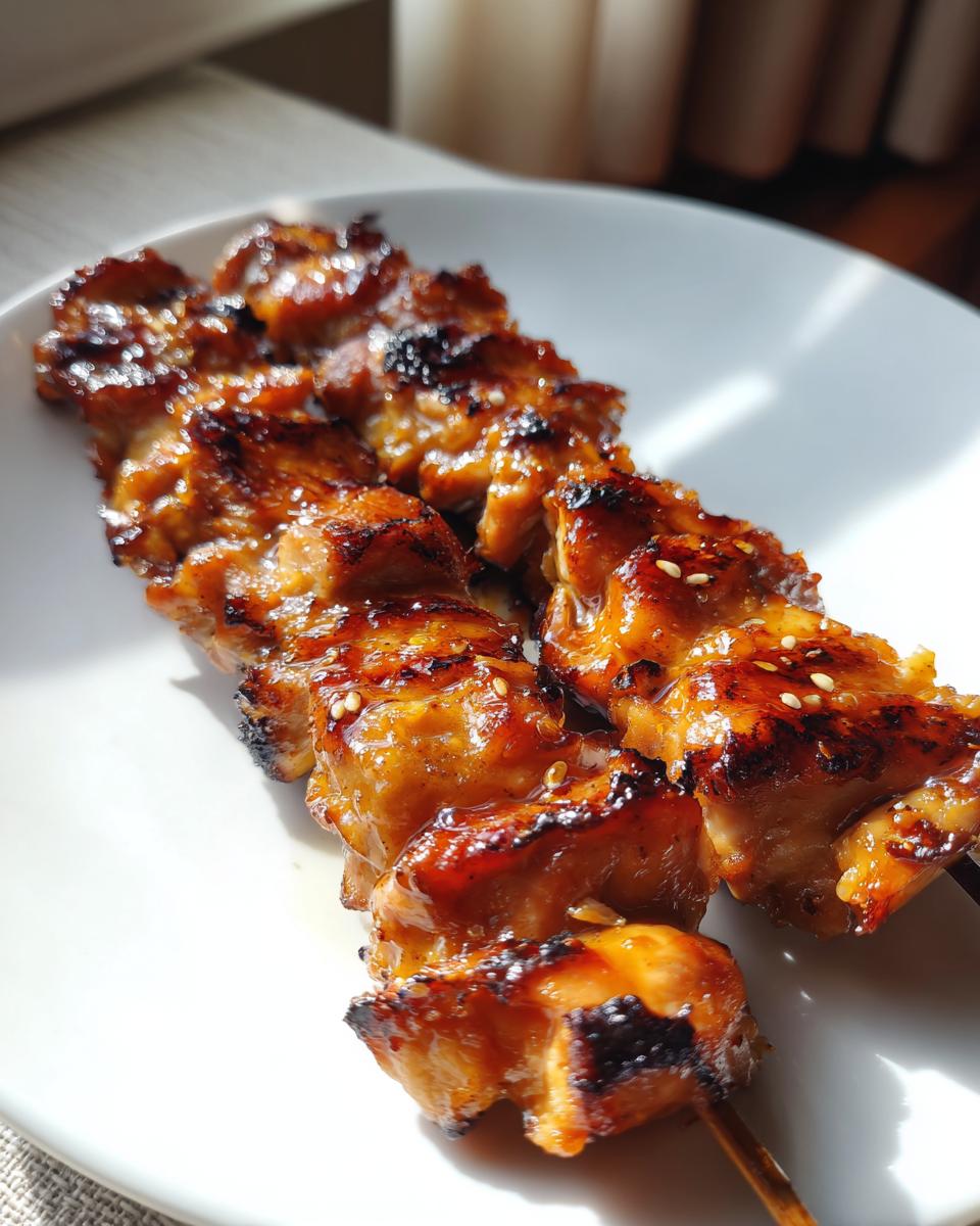 Close-up of two perfectly grilled, glazed chicken skewers sprinkled with sesame seeds on a white plate.