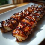 Close-up of two perfectly grilled, glazed chicken skewers resting on a white plate, showing caramelized sauce.