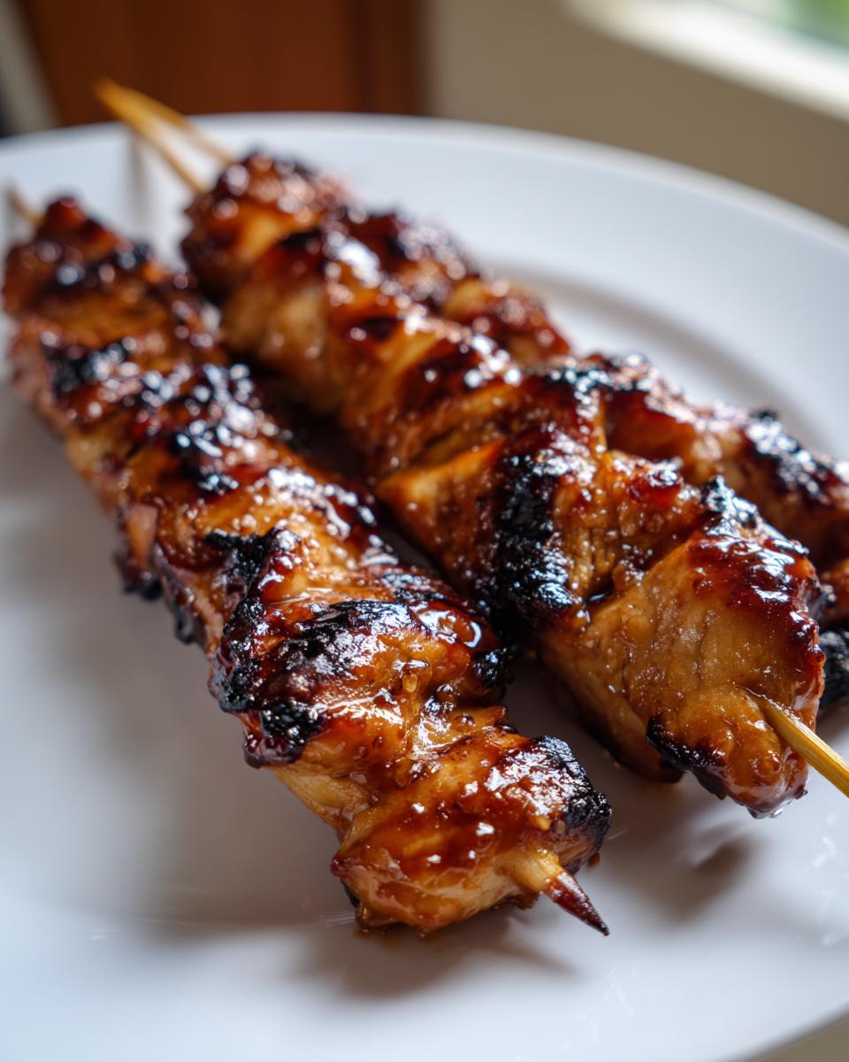 Close-up of two perfectly grilled, glazed chicken skewers resting on a white plate, highlighting the caramelized char.