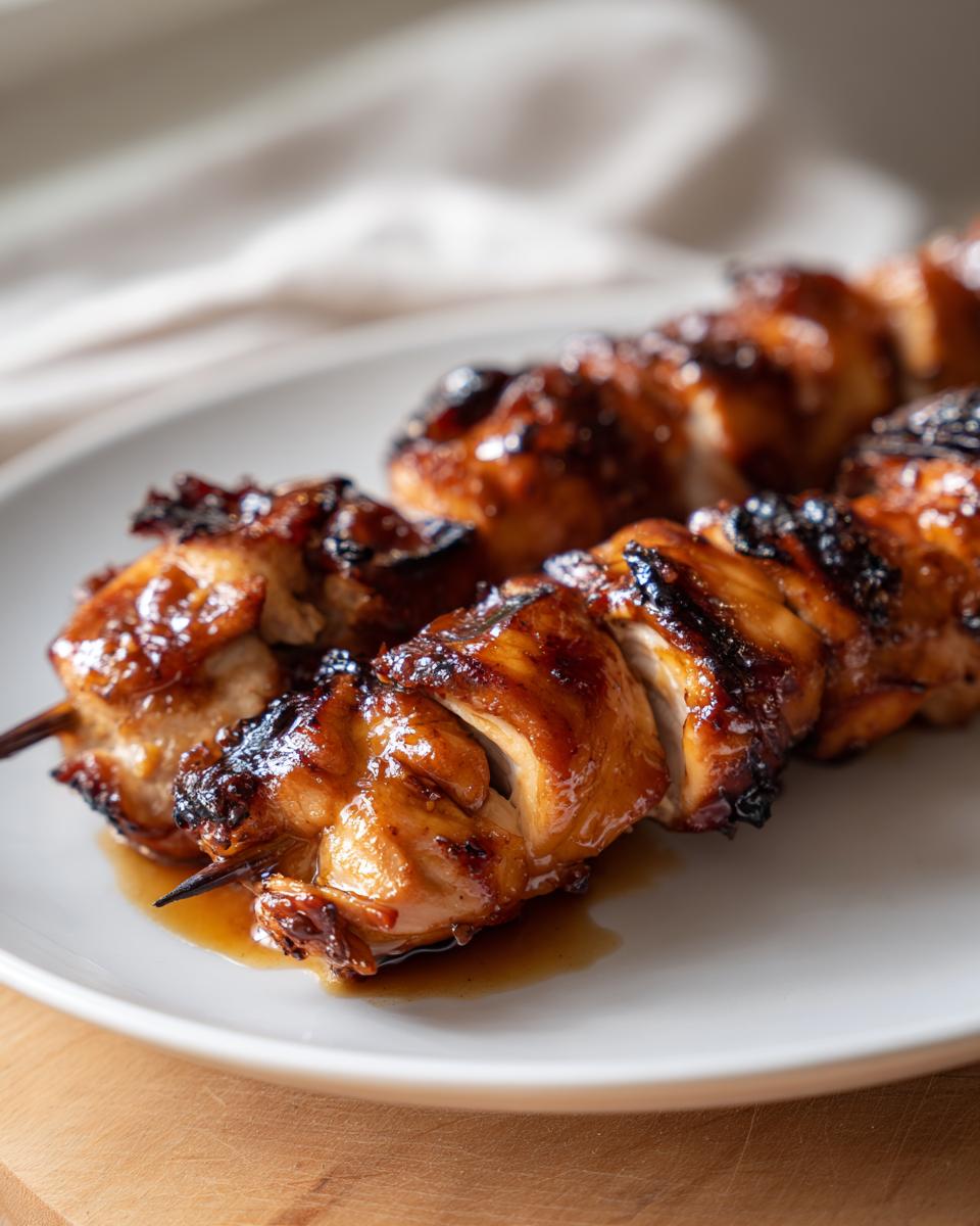 Close-up of two juicy chicken skewers coated in a dark, caramelized glaze resting on a white plate.