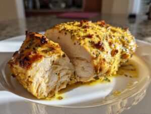 Close-up of a moist, sliced greek chicken breast coated in yellow herbs and resting in its own juices.