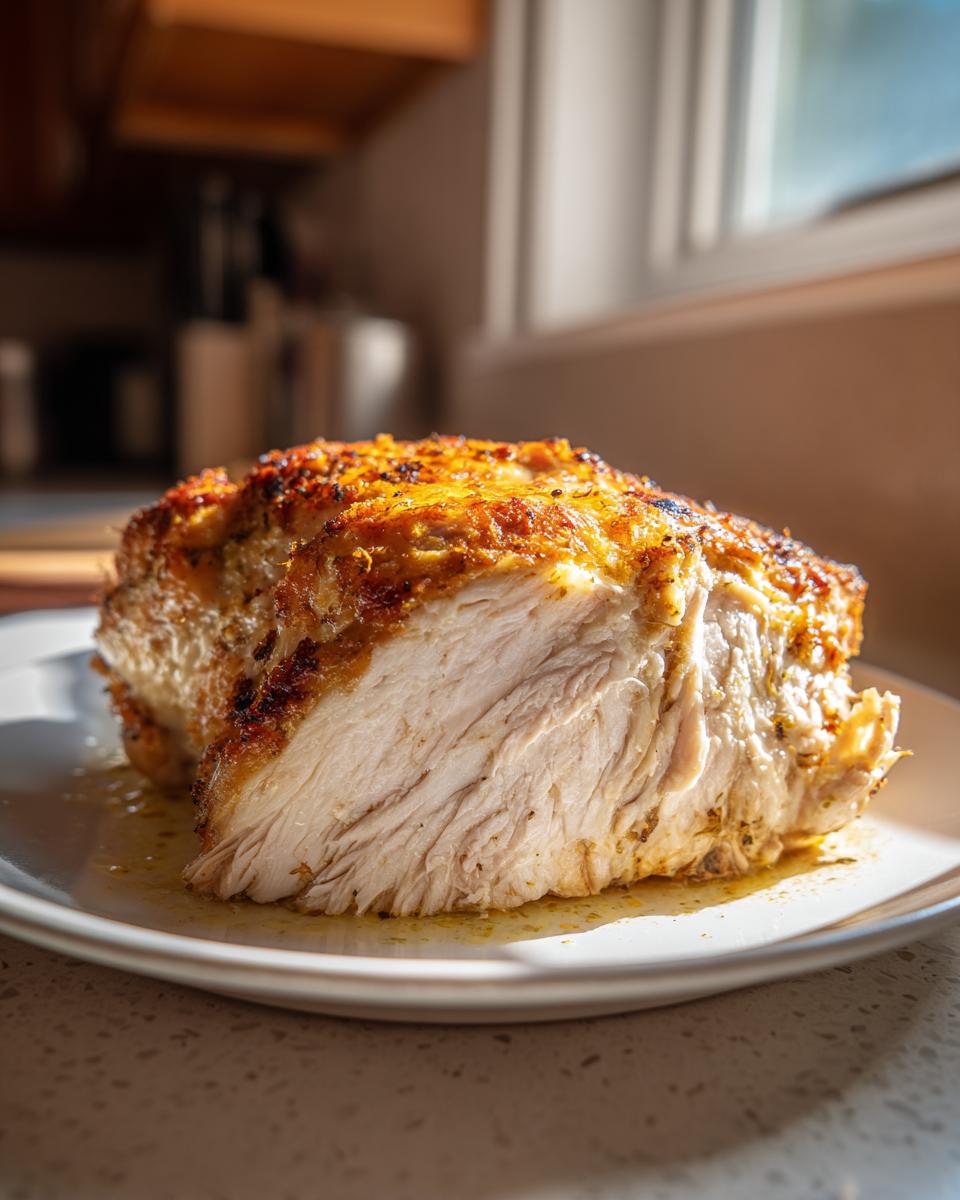 A close-up cross-section of perfectly cooked greek chicken breast showing moist white meat and a golden, seasoned crust.