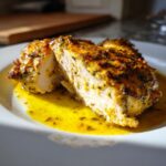 Close-up of juicy greek chicken breast, seasoned with herbs and resting in yellow pan juices.