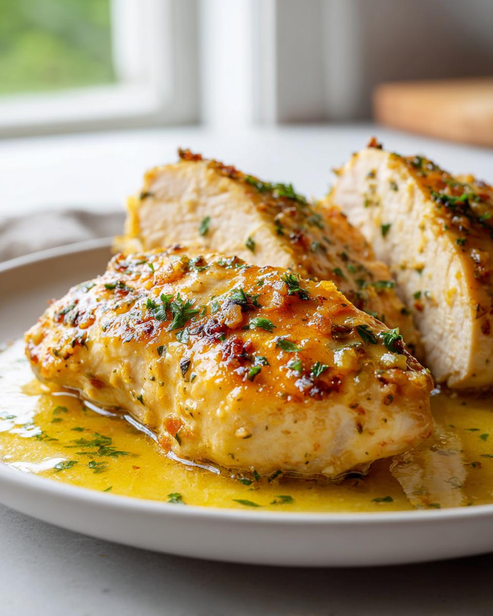 Close-up of juicy greek chicken breast covered in a bright yellow lemon-herb sauce, sliced open.