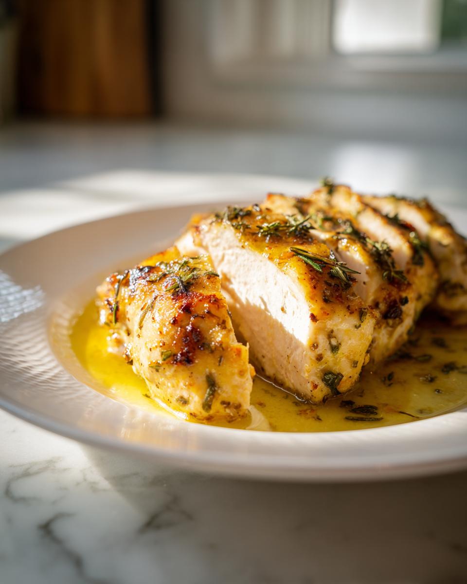 Close-up of sliced greek chicken breast resting in lemon herb juice on a white plate.