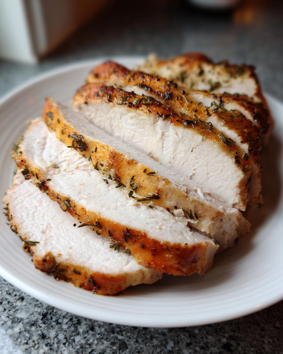 Close-up of several thick, juicy slices of herb-crusted crockpot turkey breast on a white plate.