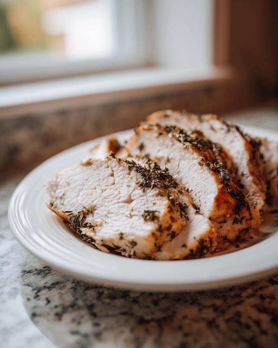 Slices of juicy, herb-crusted crockpot turkey breast served on a white plate.